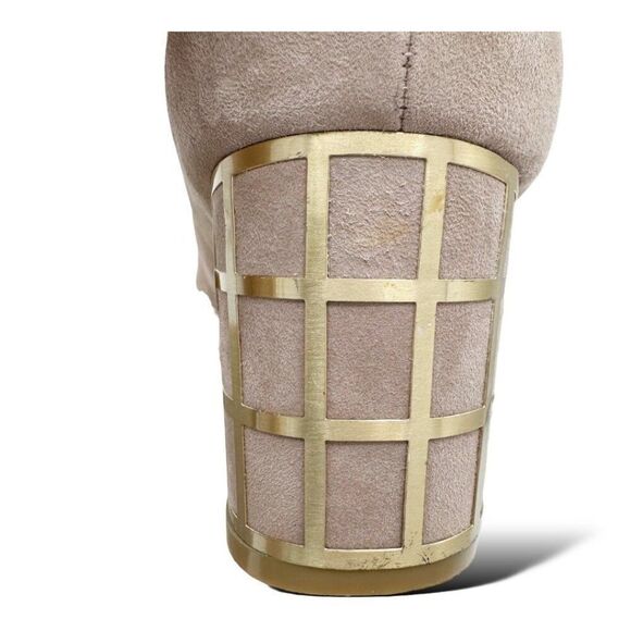 Brian Atwood‎ Karina Taupe Suede Block Heel Pumps With Gold Grid Heel Design 10 - Picture 3 of 16